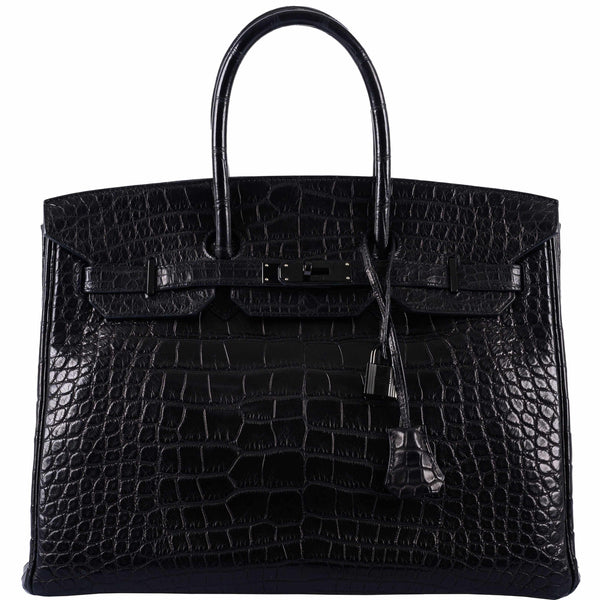 Full front view of Hermes Birkin 35 SO BLACK with matte alligator finish