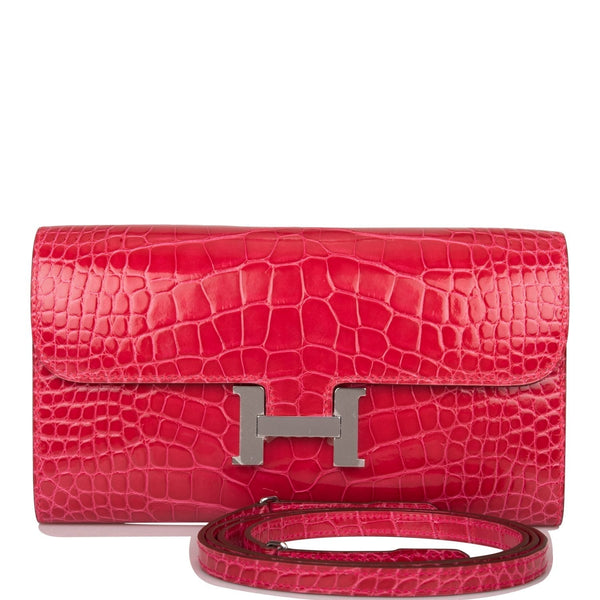 Hermes Constance Wallet To Go in Rose Extreme Shiny Alligator with palladium hardware.