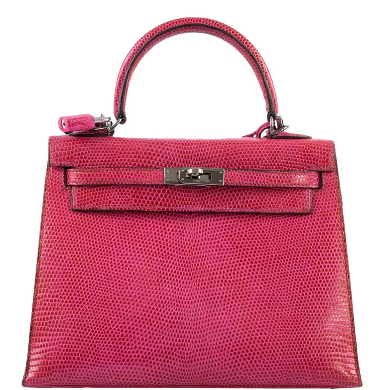 Hermes Kelly 25 Sellier handbag in Fuchsia Pink lizard with palladium hardware.