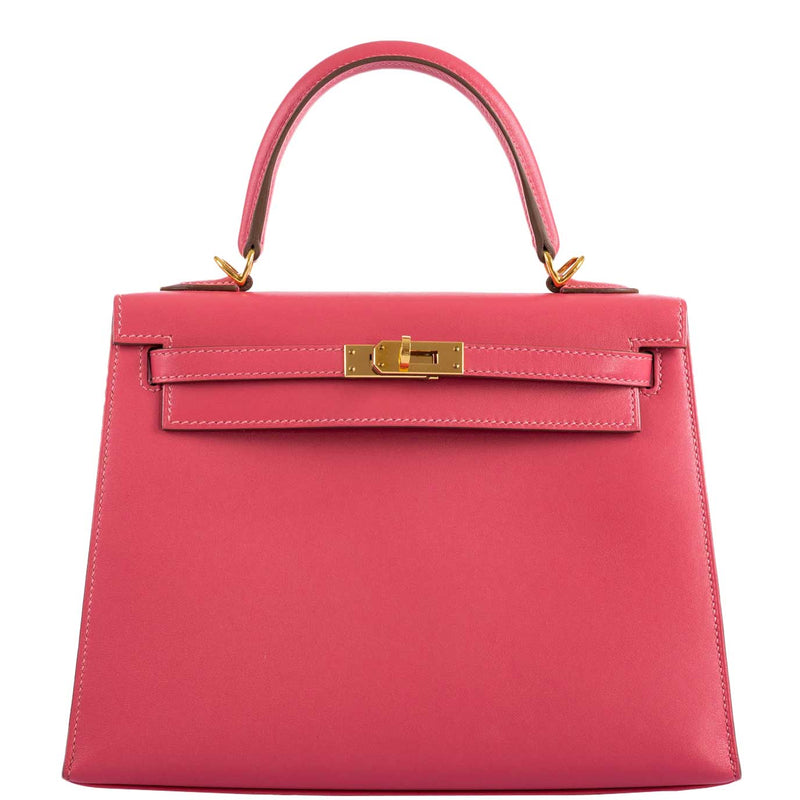 Hermes Kelly 25 Sellier handbag in Rose Lipstick Tadelakt leather with gold hardware