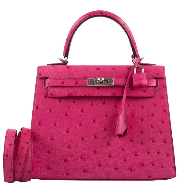 Hermes Kelly 25 Sellier handbag in Rose Tyrien ostrich with palladium hardware
