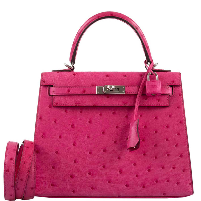 Hermes Kelly 25 Sellier handbag in Rose Tyrien ostrich with palladium hardware
