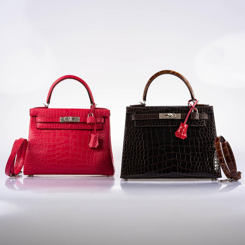 The bag from a high angle, highlighting the different alligator finishes