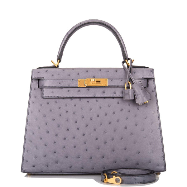 Hermes Kelly 28 Bi-Color Sellier handbag in Gris Agate and Gris Perle Ostrich leather with brushed gold hardware.
