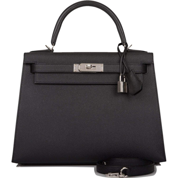 Front view of Hermès Kelly 28 Sellier in black Epsom leather