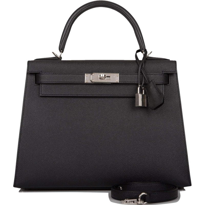 Front view of Hermès Kelly 28 Sellier in black Epsom leather
