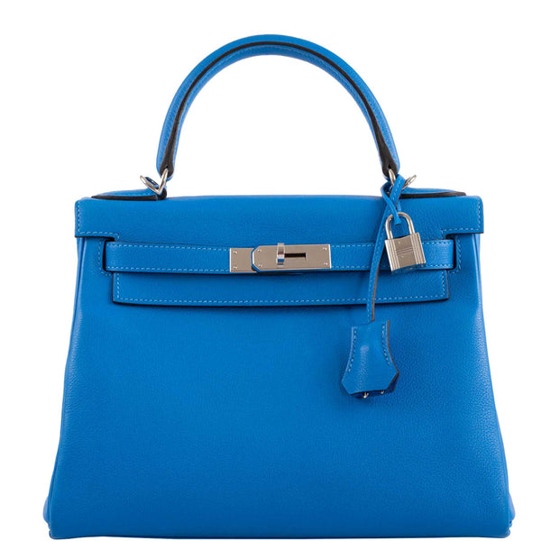 Hermes Kelly 28 Retourne handbag in Blue Hydra Evercolor leather with palladium hardware.