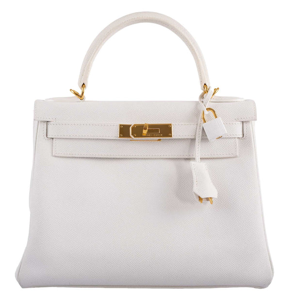 Hermes Kelly 28 Retourne handbag in White Epsom leather with gold hardware.