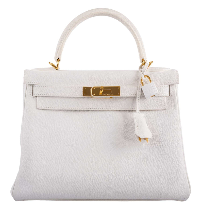 Hermes Kelly 28 Retourne handbag in White Epsom leather with gold hardware.