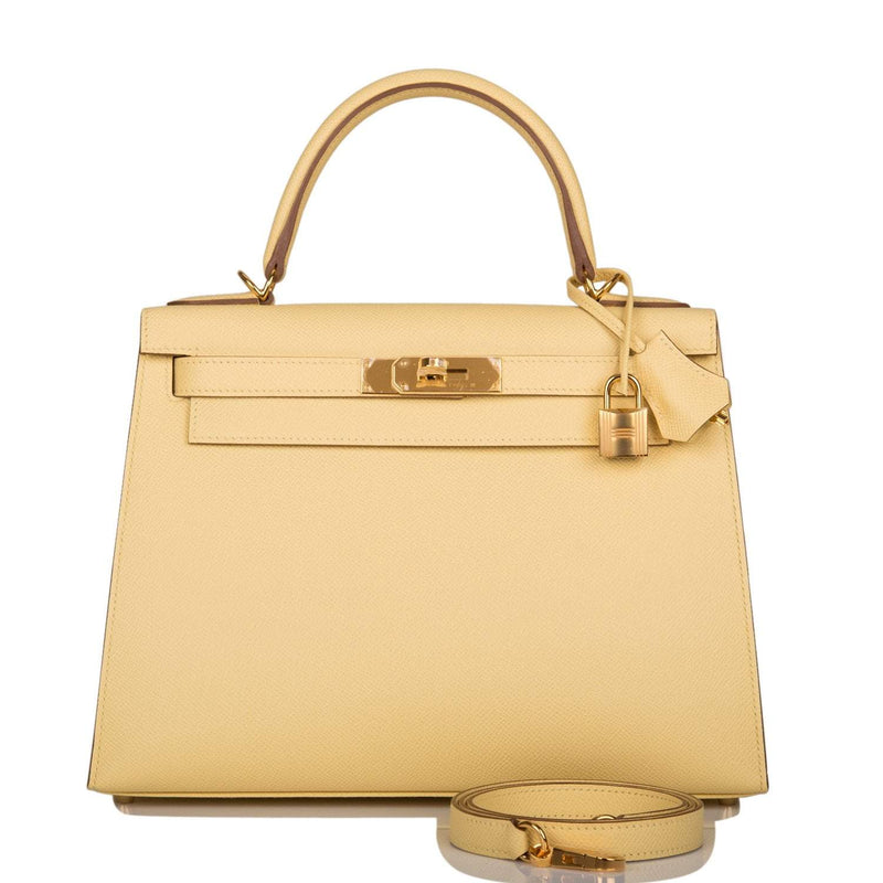 Hermes Kelly 28 Sellier handbag in Jaune Poussin Epsom leather with gold hardware