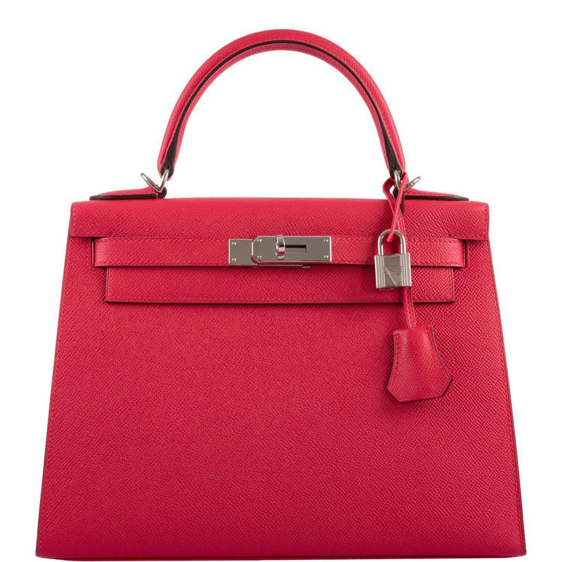 Hermes Kelly 28 Sellier handbag in Rose Extreme Epsom leather with palladium hardware.