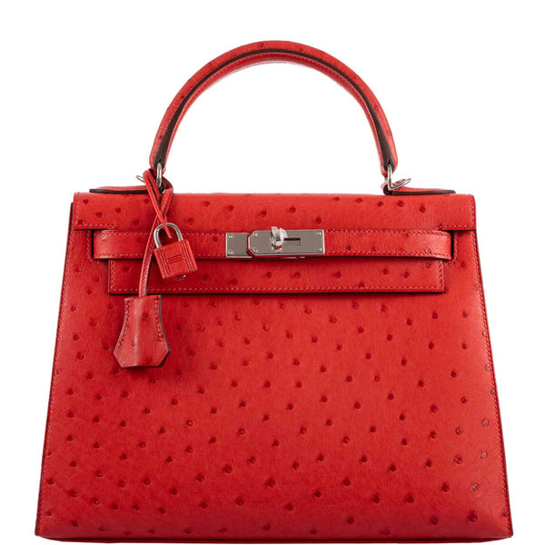 Hermes Kelly 28 Sellier handbag in Rouge Vif ostrich with palladium hardware.