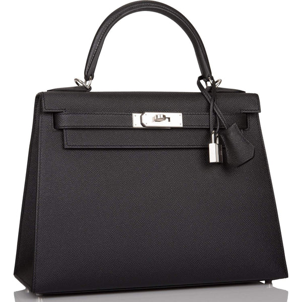 right side view of Hermès Kelly 28 Sellier in black Epsom leather