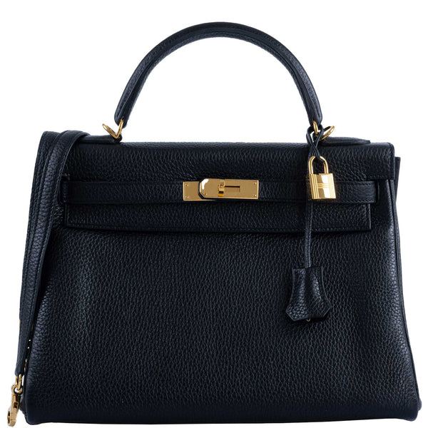 Hermes Kelly 32 handbag in Black Togo leather with gold hardware.
