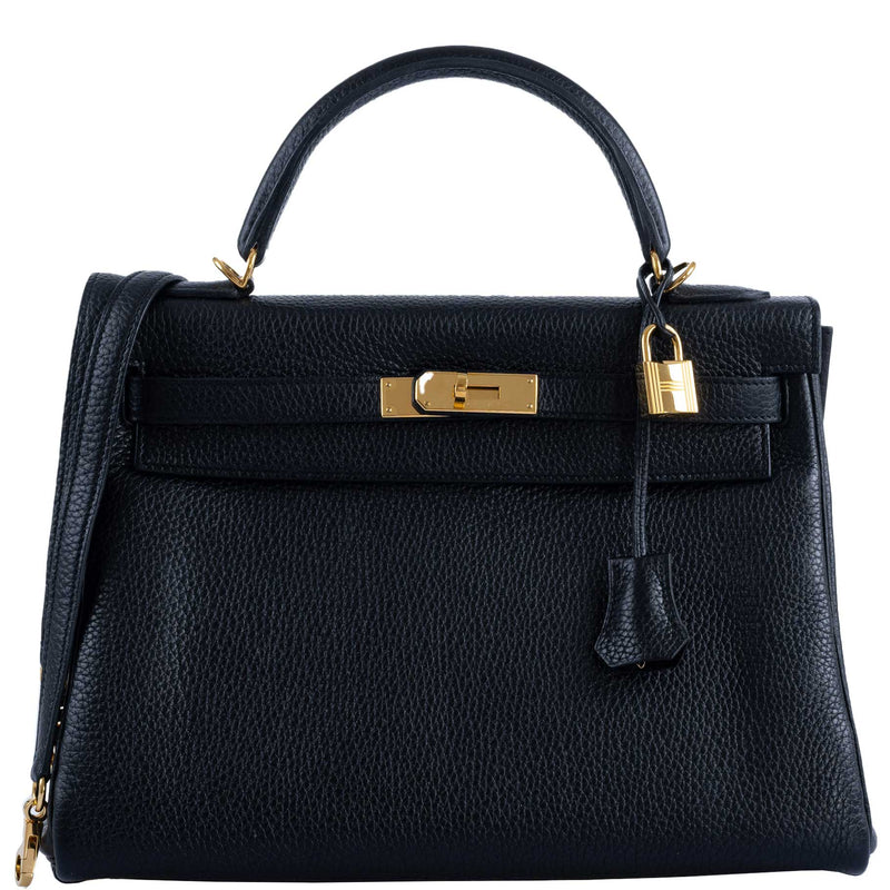 Hermes Kelly 32 handbag in Black Togo leather with gold hardware.