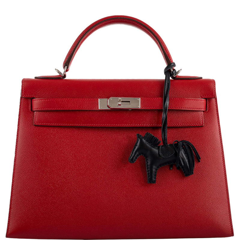 Hermes Kelly 32 handbag in Rouge Casaque Epsom leather with palladium hardware.
