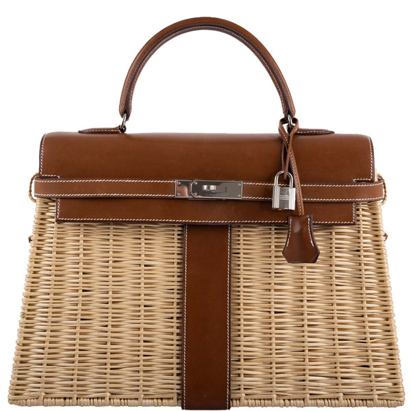 Hermes Kelly 35 Picnic handbag in wicker and Barenia leather with palladium hardware.