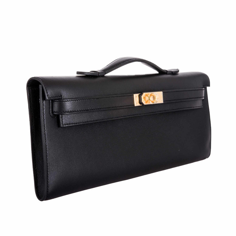 Back view of Hermes Kelly Cut in black Swift leather with gold hardware.