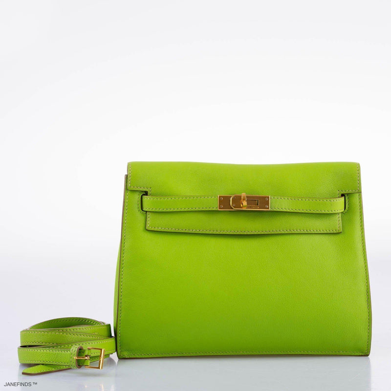 Front view of Hermes Kelly Danse II in Vert Cru Swift leather with gold hardware.