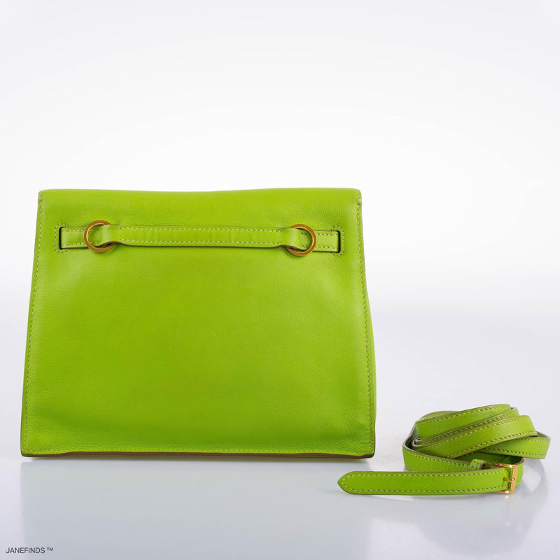 Top view of Hermes Kelly Danse II Vert Cru Swift leather with gold hardware.