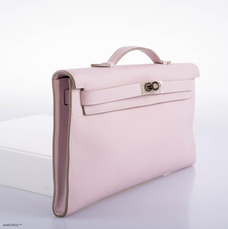 Back view of Hermes Kelly Longue Rose Dragee Evergrain clutch.