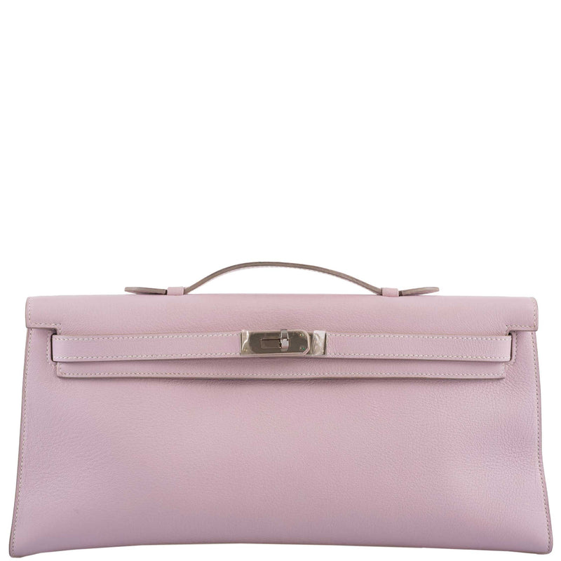 Front view of Hermes Kelly Longue in Rose Dragee Evergrain with palladium hardware.

