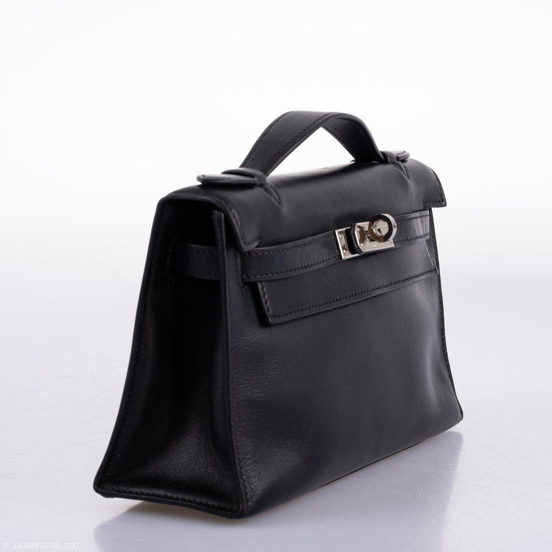 Back view of Hermes Kelly Mini Pochette in black Swift leather.