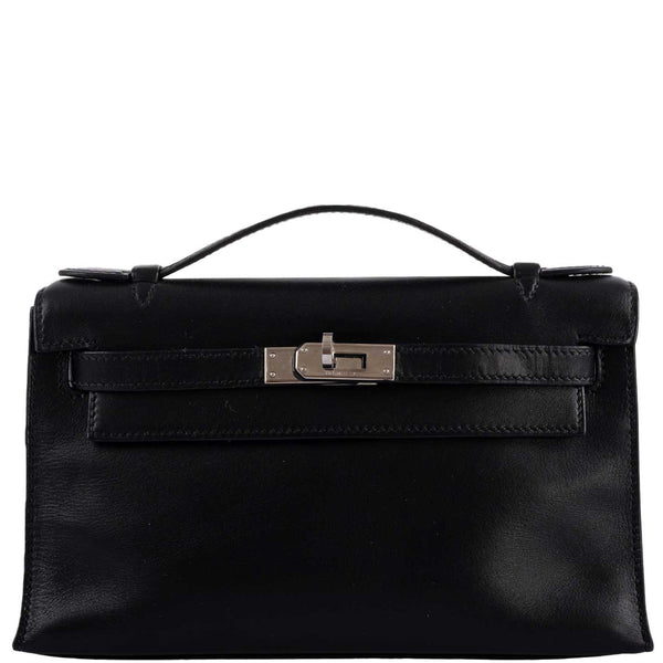 Front view of Hermes Kelly Mini Pochette in black Swift leather with palladium hardware.