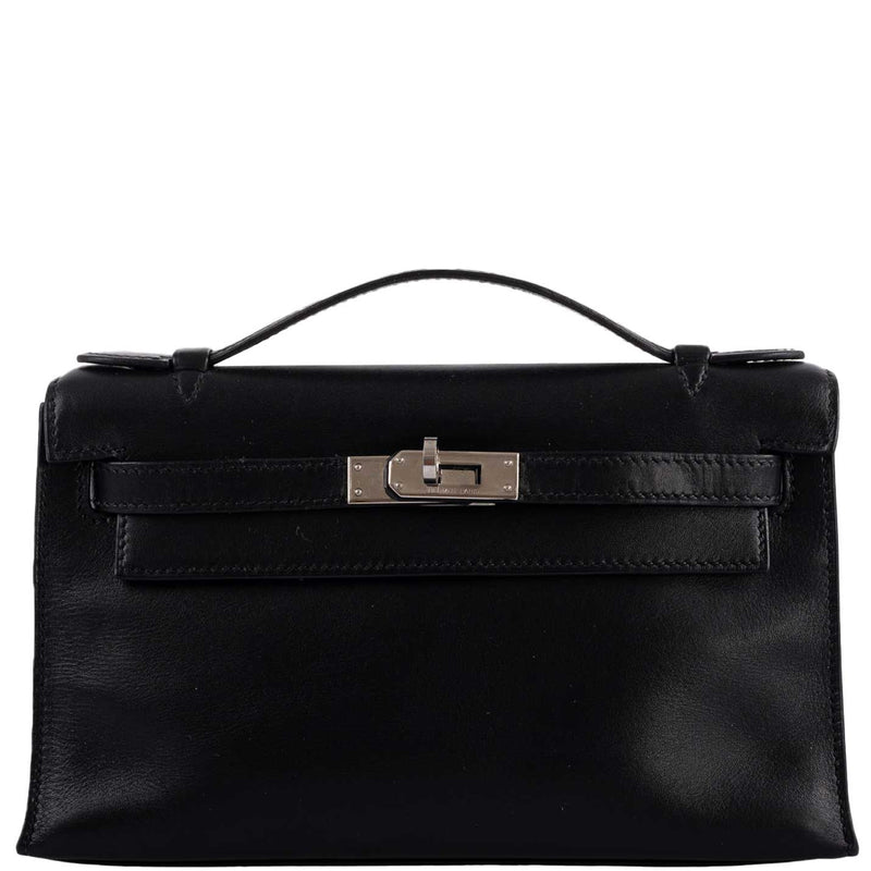 Front view of Hermes Kelly Mini Pochette in black Swift leather with palladium hardware.