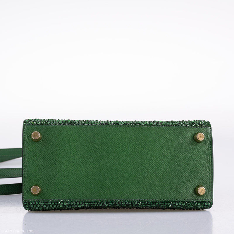 Detailed corner stitching and Swarovski embellishments on Hermes Kelly 20

