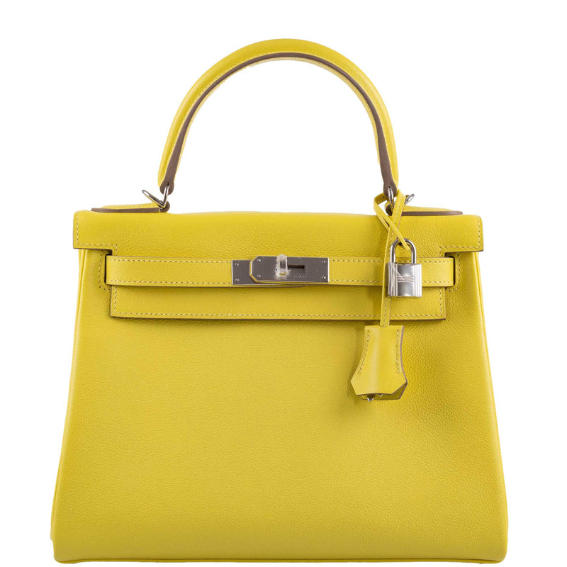 Front view of the Hermes Kelly Retourne 28 in Lime Evercolor leather