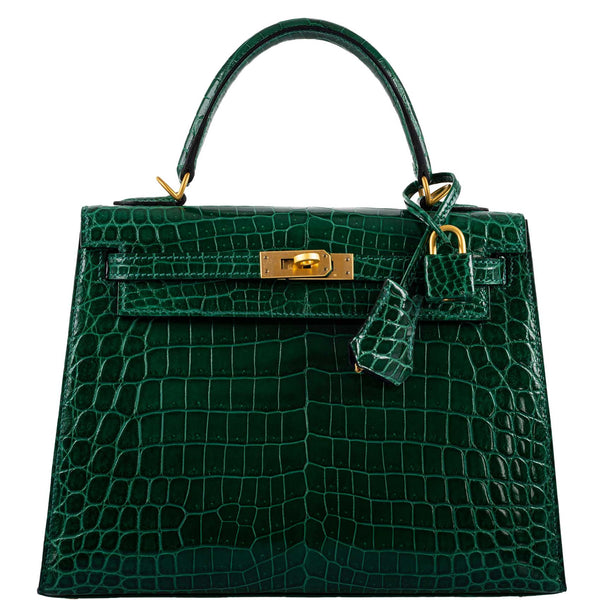Front view of the Hermes Kelly Sellier 25 HSS in Emerald Nilo Crocodile