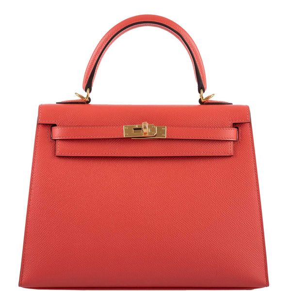 Front view of the Hermes Kelly Sellier 25 in Rose Jaipur Epsom leather