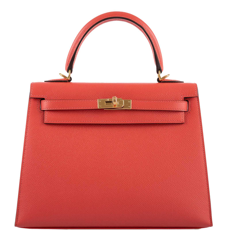 Front view of the Hermes Kelly Sellier 25 in Rose Jaipur Epsom leather