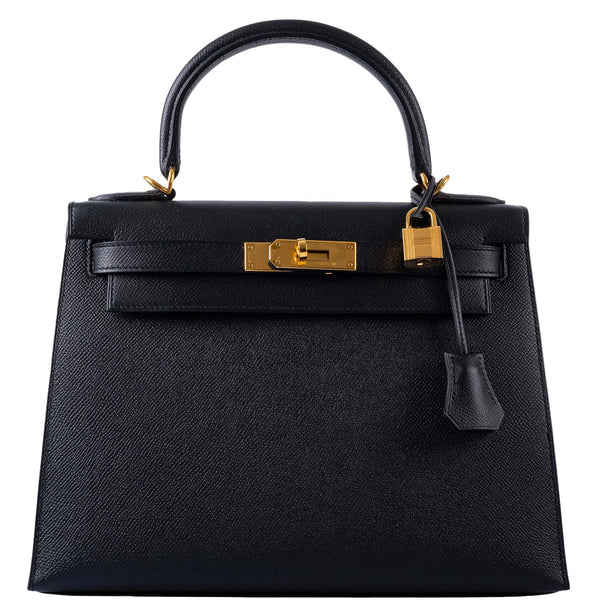 Front view of the Hermes Kelly Sellier 28 in Black Epsom leather