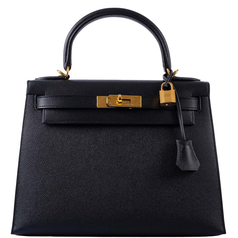 Front view of the Hermes Kelly Sellier 28 in Black Epsom leather