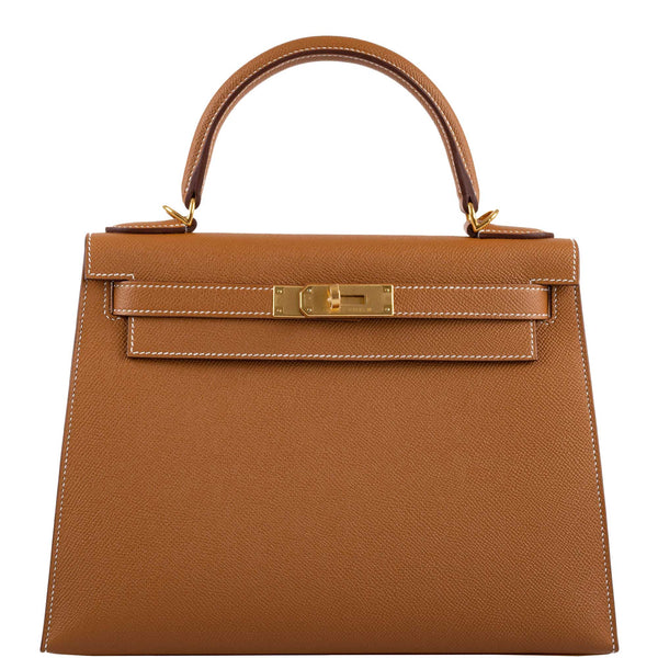 Front view of the Hermes Kelly Sellier 28 in Gold Epsom leather