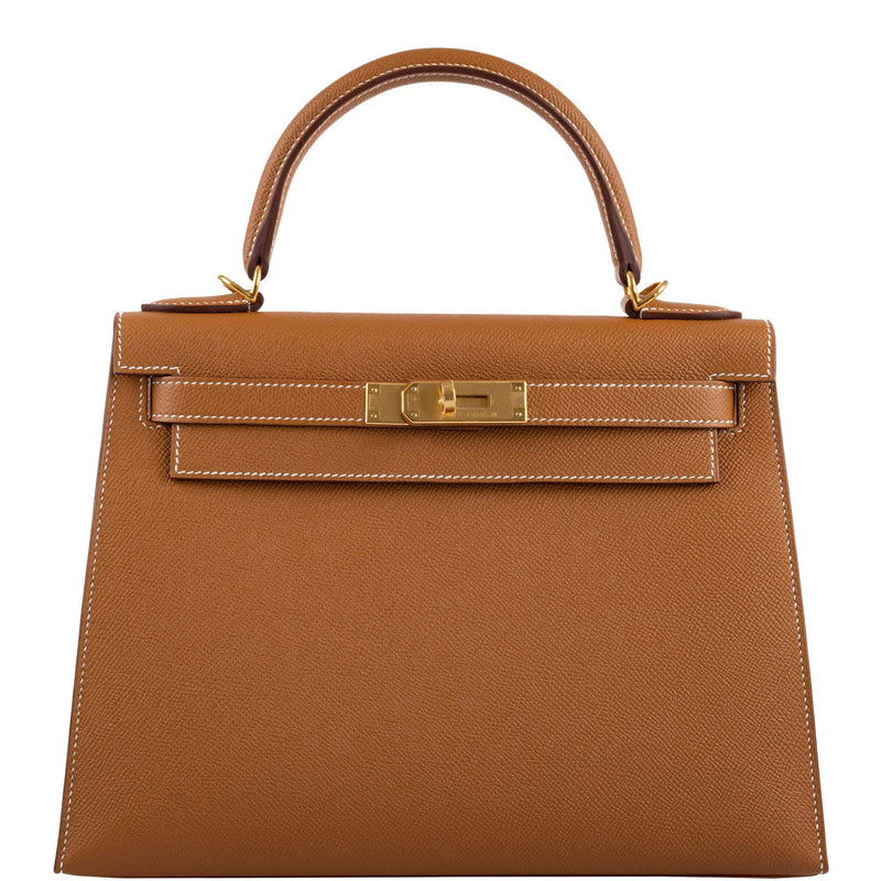 Front view of the Hermes Kelly Sellier 28 in Gold Epsom leather