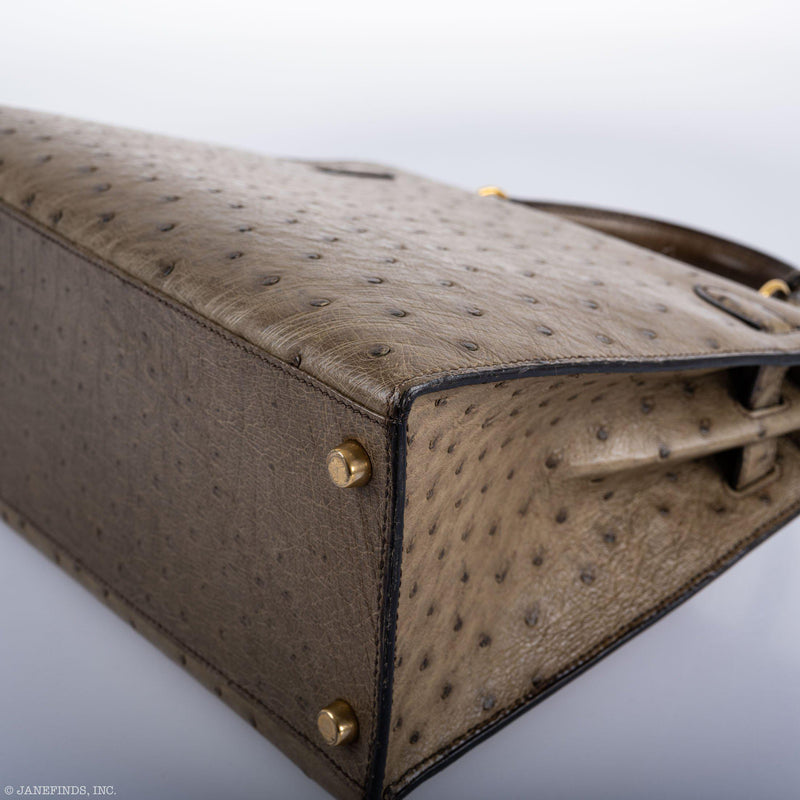Close-up of Hermes Kelly 28 top handle in ostrich leather