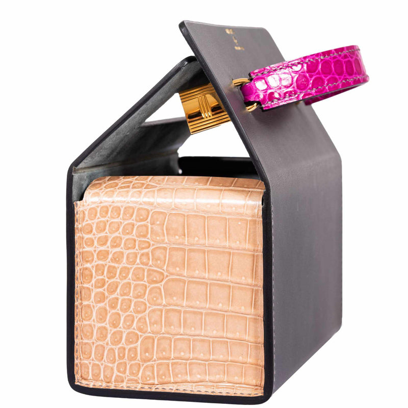 Hermes Minaudière 18 petit h handbag in Graphite, Fuchsia Porosus Crocodile and Calf leather.