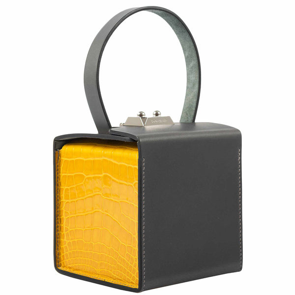 Hermes Minaudiere petit h Box Bag in Ambre, Saphir, and Gray Porosus Crocodile with silver hardware.
