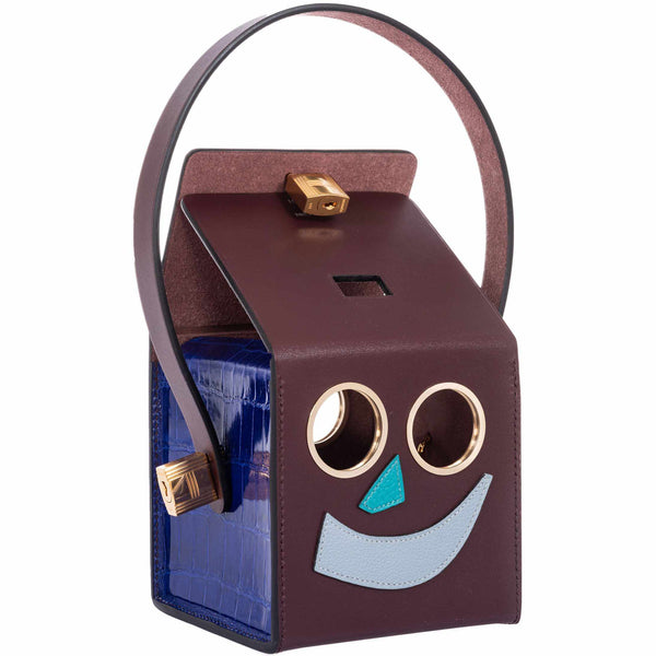 Hermes Minaudiere Robot petit h bag in Blue Electric and Black Porosus Crocodile with golden brass hardware.