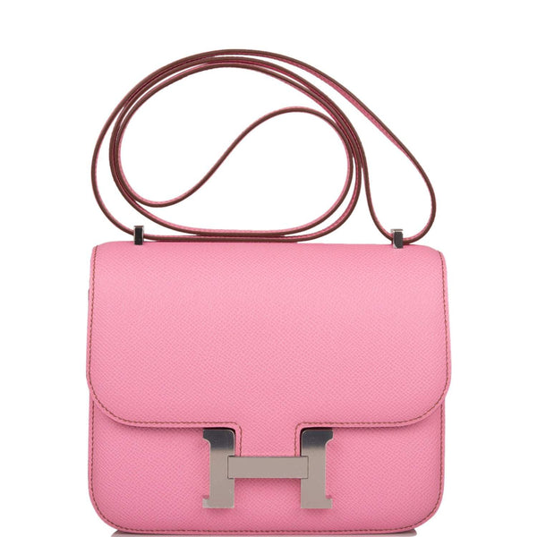 Hermes Mini Constance 18 handbag in Bubblegum Epsom leather with palladium hardware.