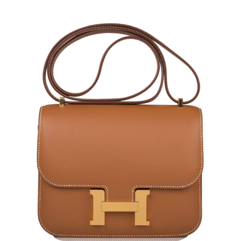Hermes Mini Constance 18 handbag in Gold Epsom leather with gold hardware.