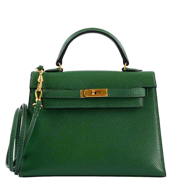 Front view of the Hermes Mini Kelly 15 in Vert Clair Courchevel leather
