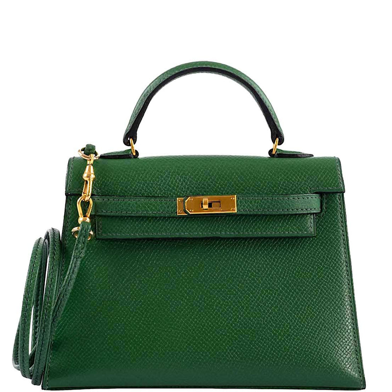 Front view of the Hermes Mini Kelly 15 in Vert Clair Courchevel leather