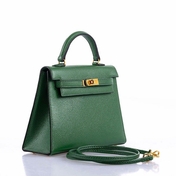 Side profile of the Hermes Mini Kelly 15, highlighting its structured shape