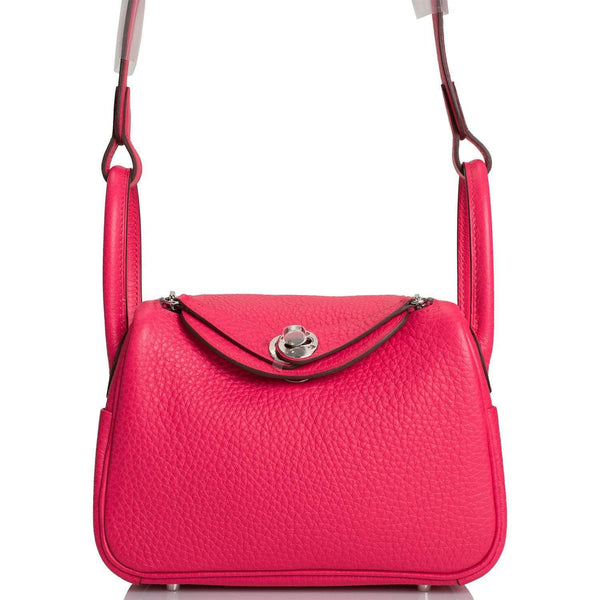 Hermes Mini Lindy handbag in Rose Extreme Clemence leather with palladium hardware.