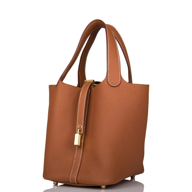 Close-up of gold hardware on Hermès Picotin 18 bag