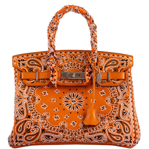 Jay Ahr vintage Hermes Birkin 30 with orange Epsom leather and bandana embroidery.